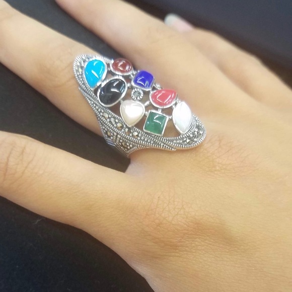 Sterling Silver/Rhodium Multi Stone Marcasite Ring - Picture 3 of 4